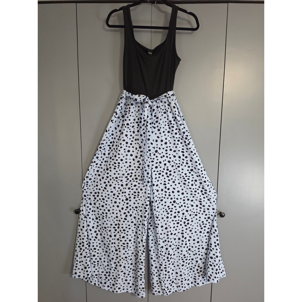 NWT SHEIN Jumpsuit Medium Black Blue Dalmatian Dot Ribbed Wide Leg Tie Waist